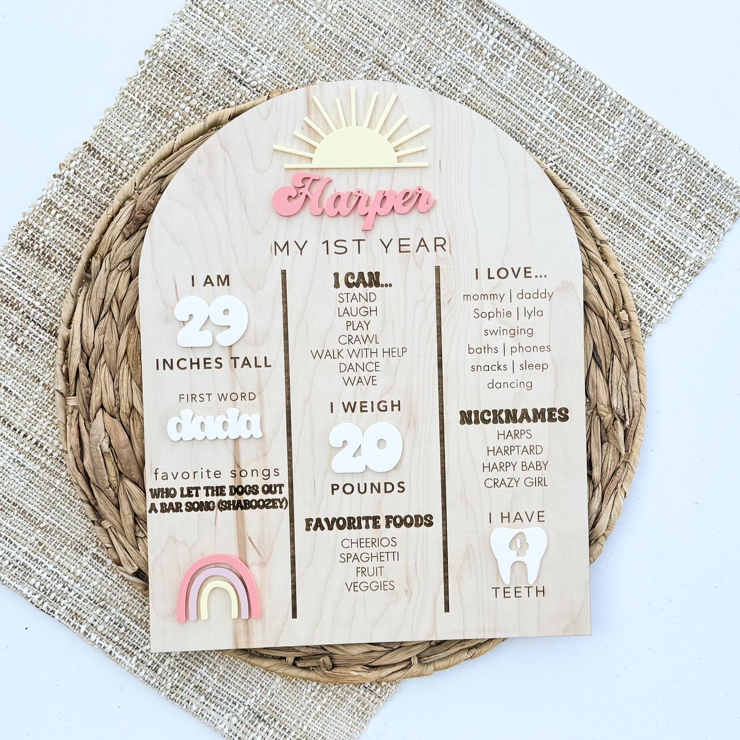 First Trip Around the Sun milestone stat board in maple wood, boho first birthday baby stats sign