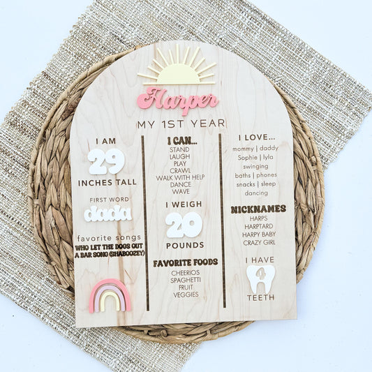 First Trip Around the Sun milestone stat board in maple wood, boho first birthday baby stats sign