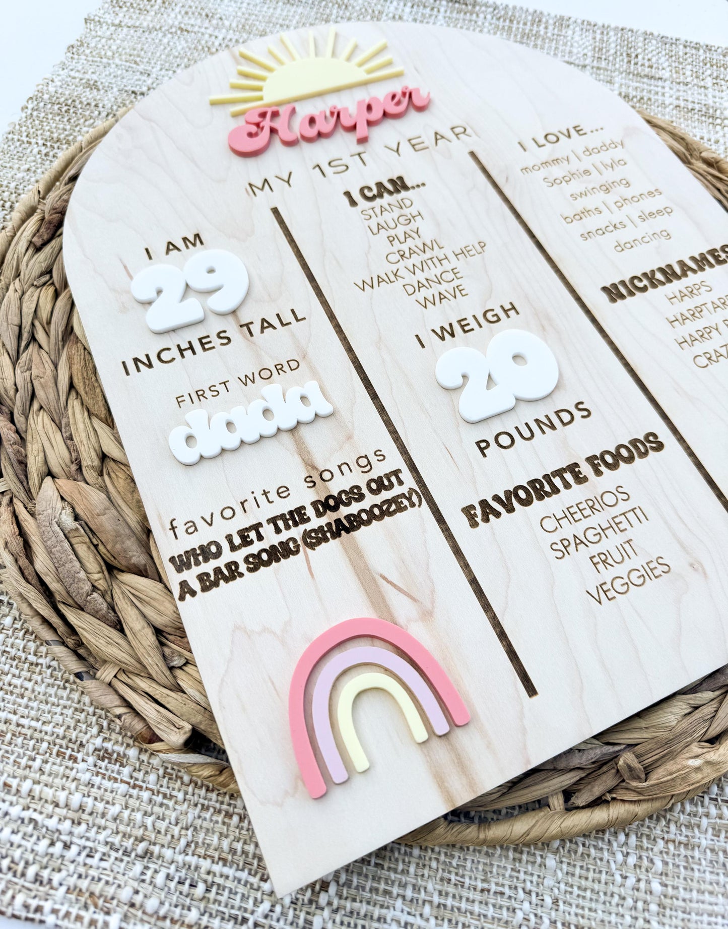 First Trip Around the Sun stat sign for first birthday party decor, personalized maple wood