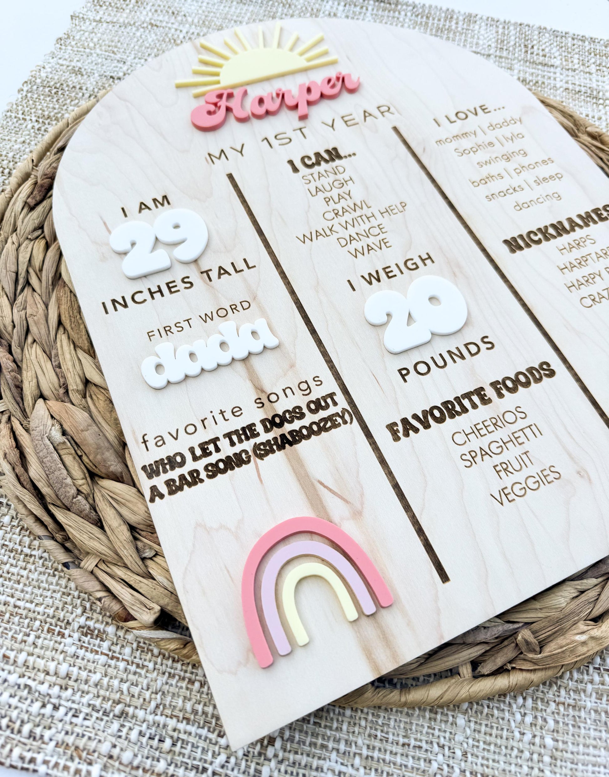 First Trip Around the Sun stat sign for first birthday party decor, personalized maple wood