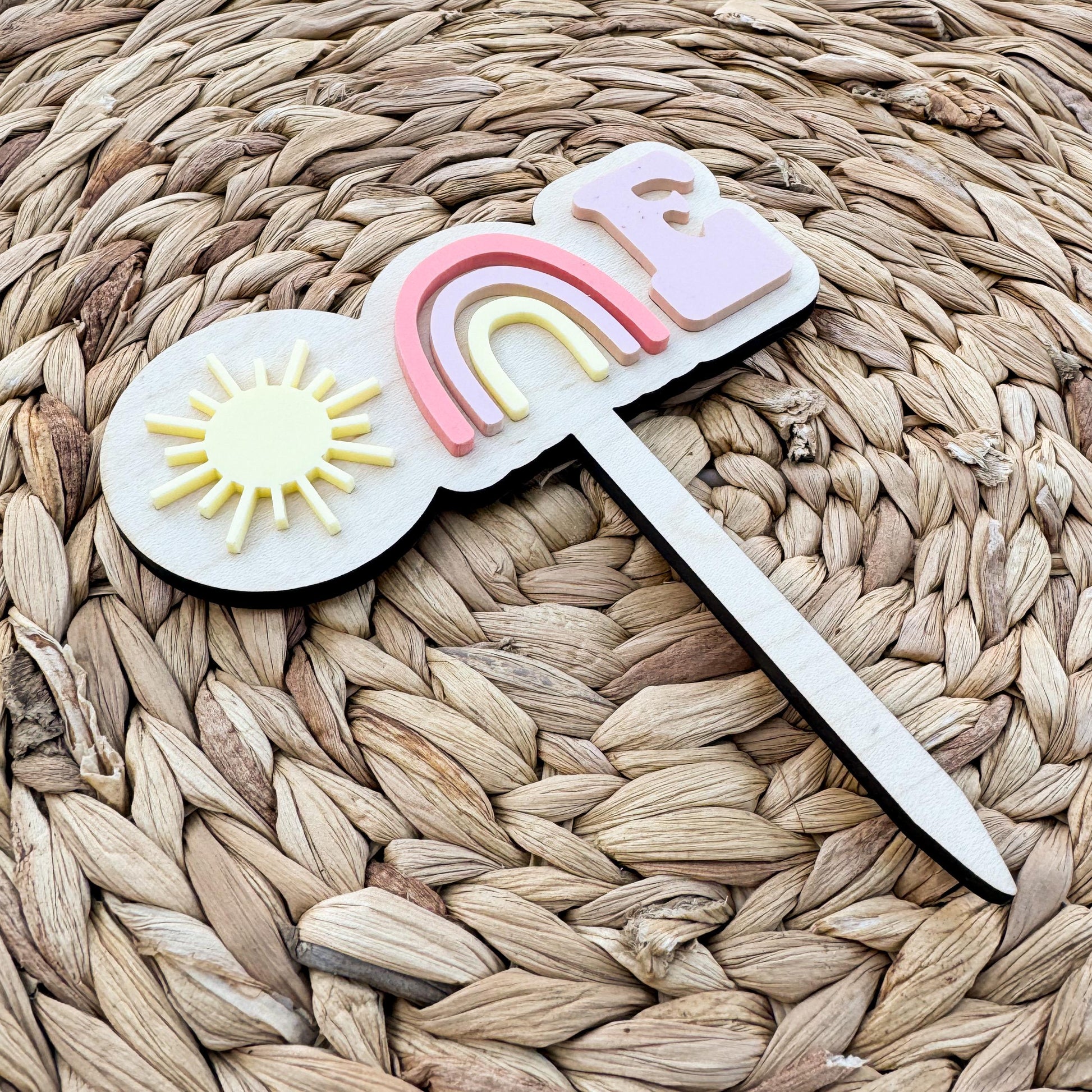 Rainbow First Birthday Cake Topper – Personalized Wood & Acrylic