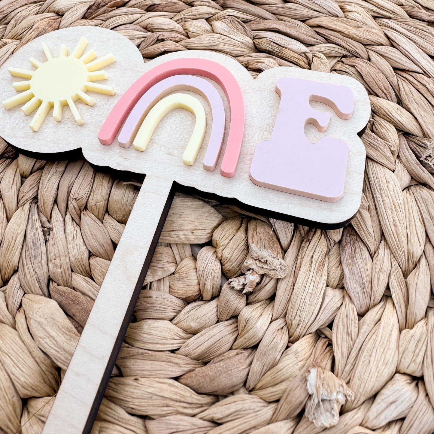 Rainbow First Birthday Cake Topper – Personalized Wood & Acrylic