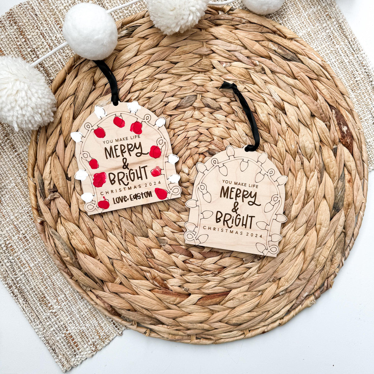 Kids Christmas ornament in maple wood decorated with fingerprint lightbulbs