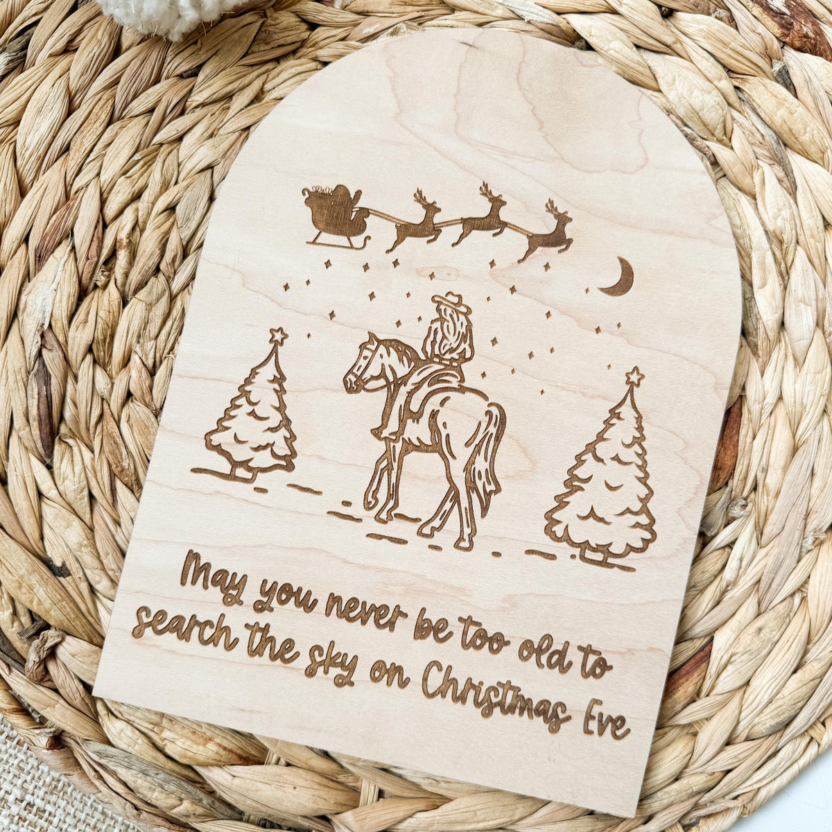 Maple wood Christmas sign of a cowgirl looking to the sky for Santa