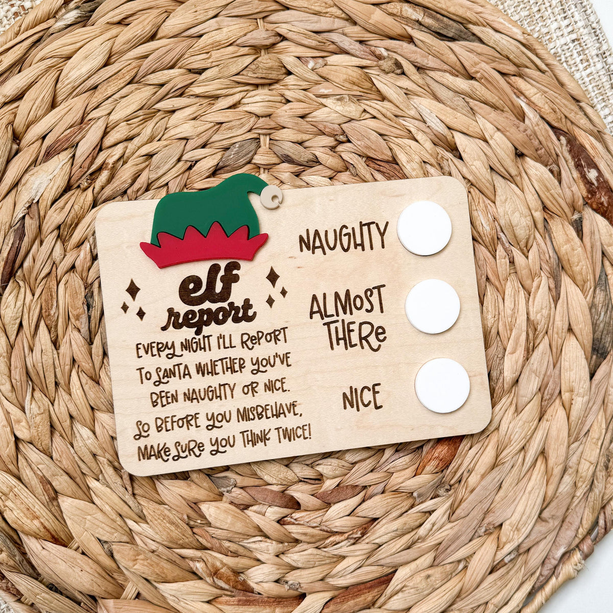One column elf report card shown blank, ready for dry erase naughty or nice check marks