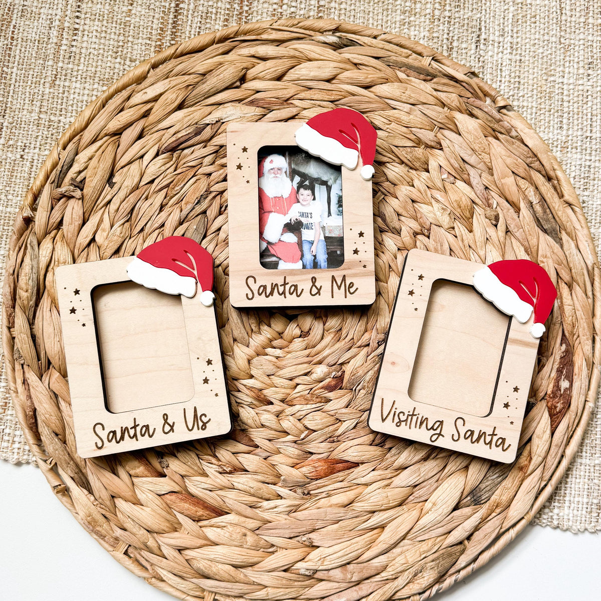 Santa picture frame in maple wood and acrylic, a photo ornament or fridge magnet