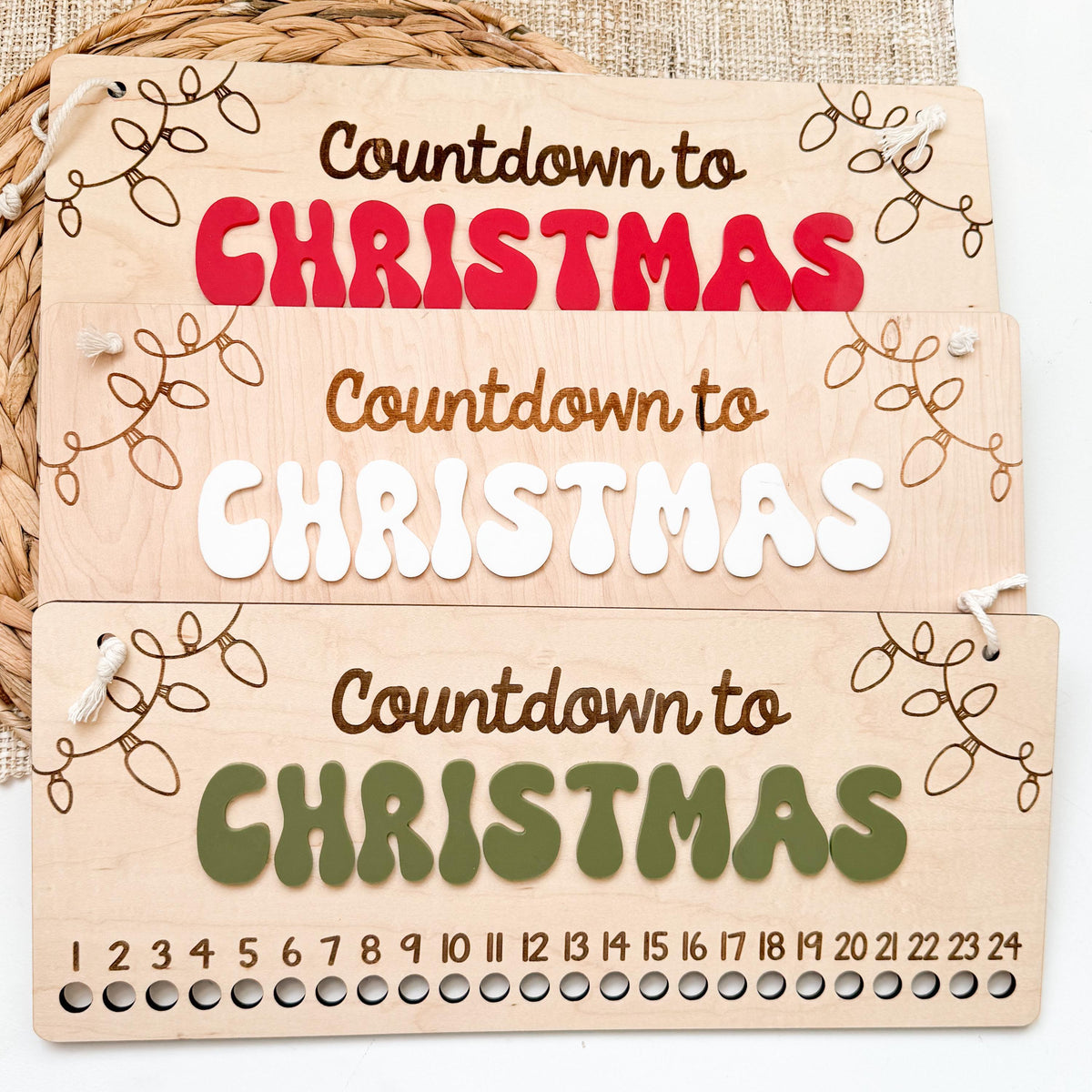 Close-up of the wood and acrylic candy cane Christmas countdown