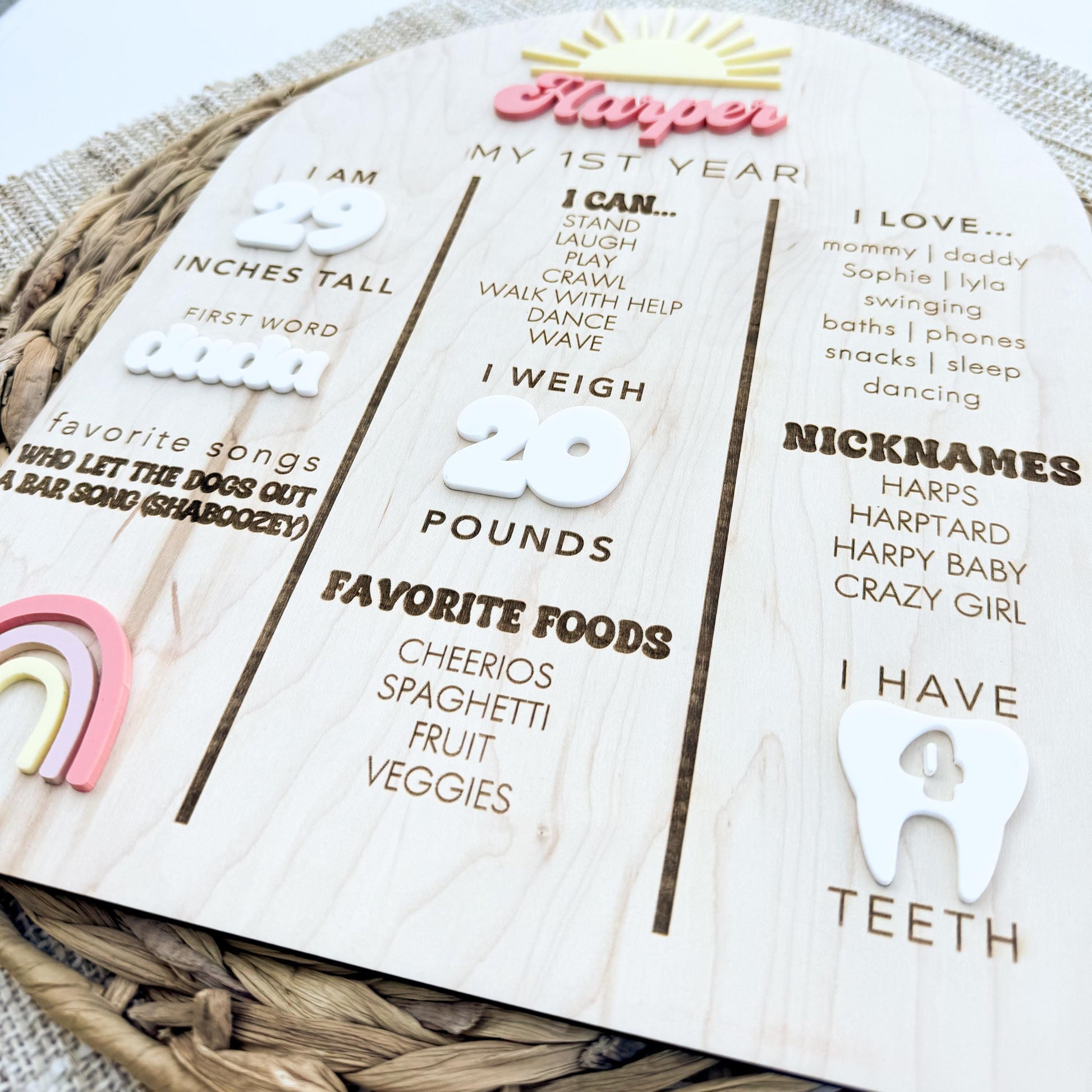 Boho first birthday stat board showing personalized baby stats and First Trip Around the Sun design