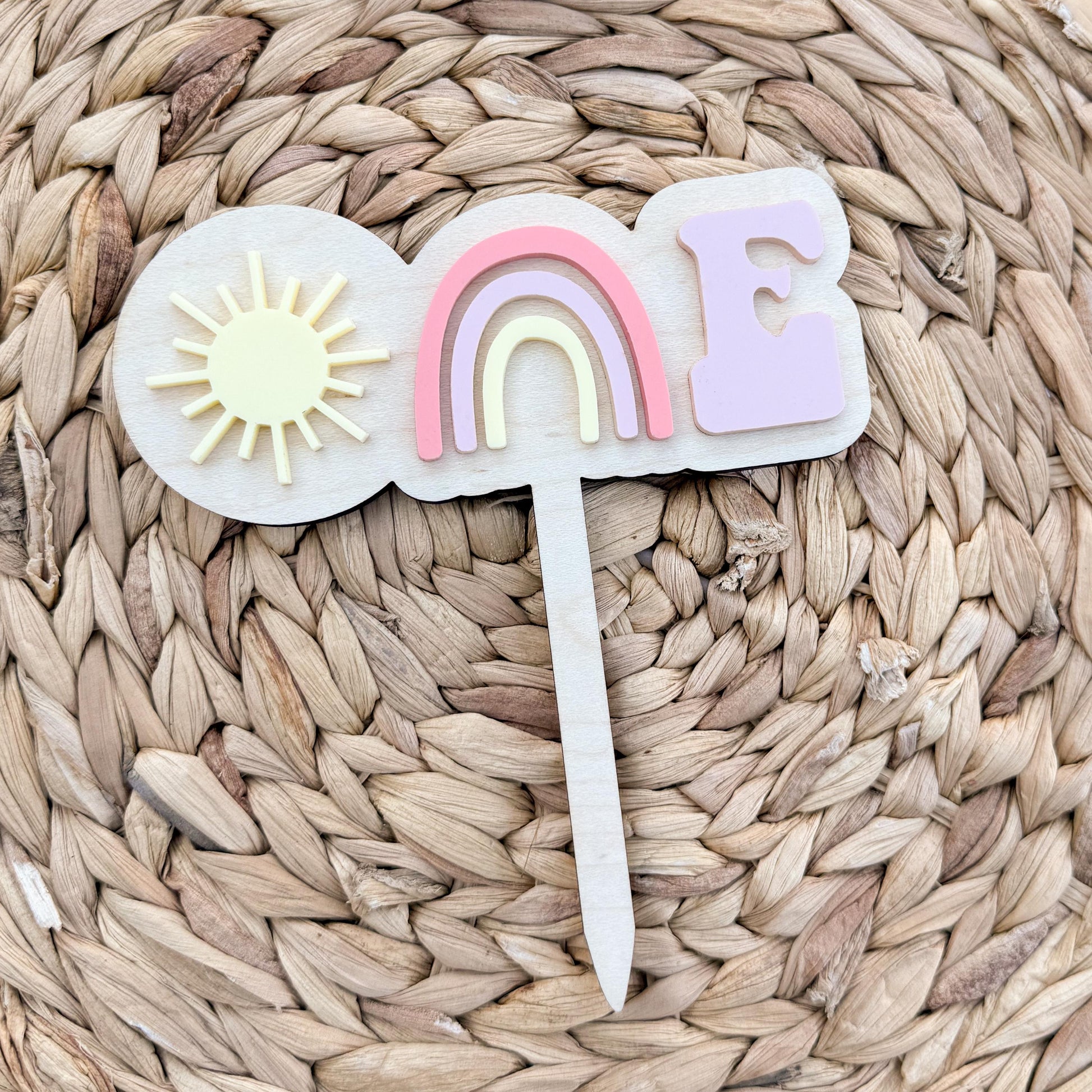 Rainbow First Birthday Cake Topper – Personalized Wood & Acrylic