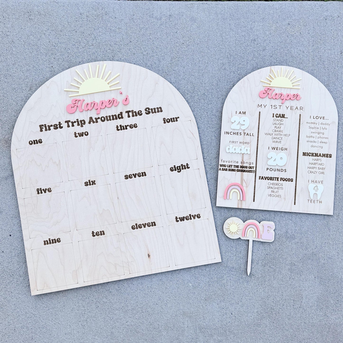 Rainbow First Birthday Cake Topper – Personalized Wood & Acrylic