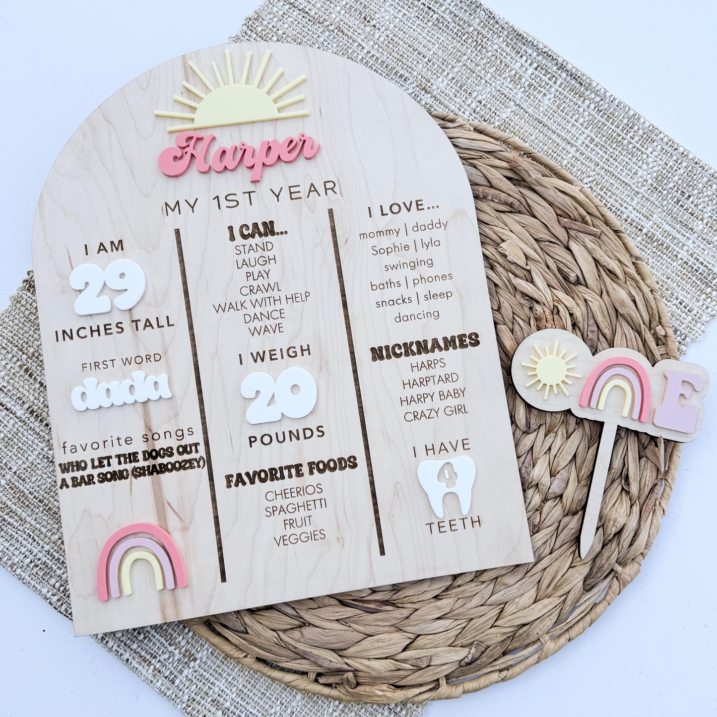 Rainbow First Birthday Cake Topper – Personalized Wood & Acrylic