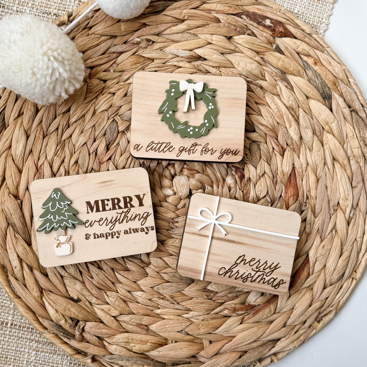 Wooden holiday gift card holders for staff gifts in wreath, tree and gift box designs with engraved greetings