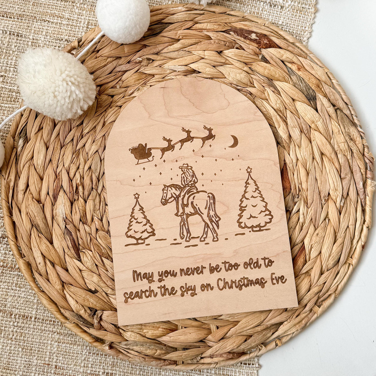 Handmade cowgirl Christmas Eve sign in natural maple wood