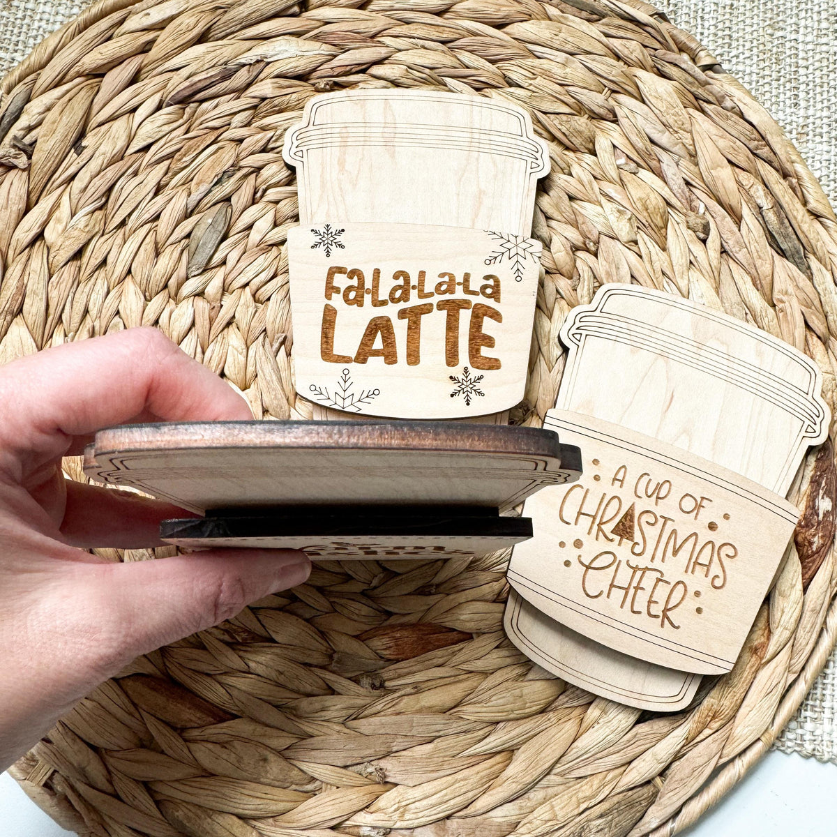 Close-up of the maple wood coffee cup gift card holder