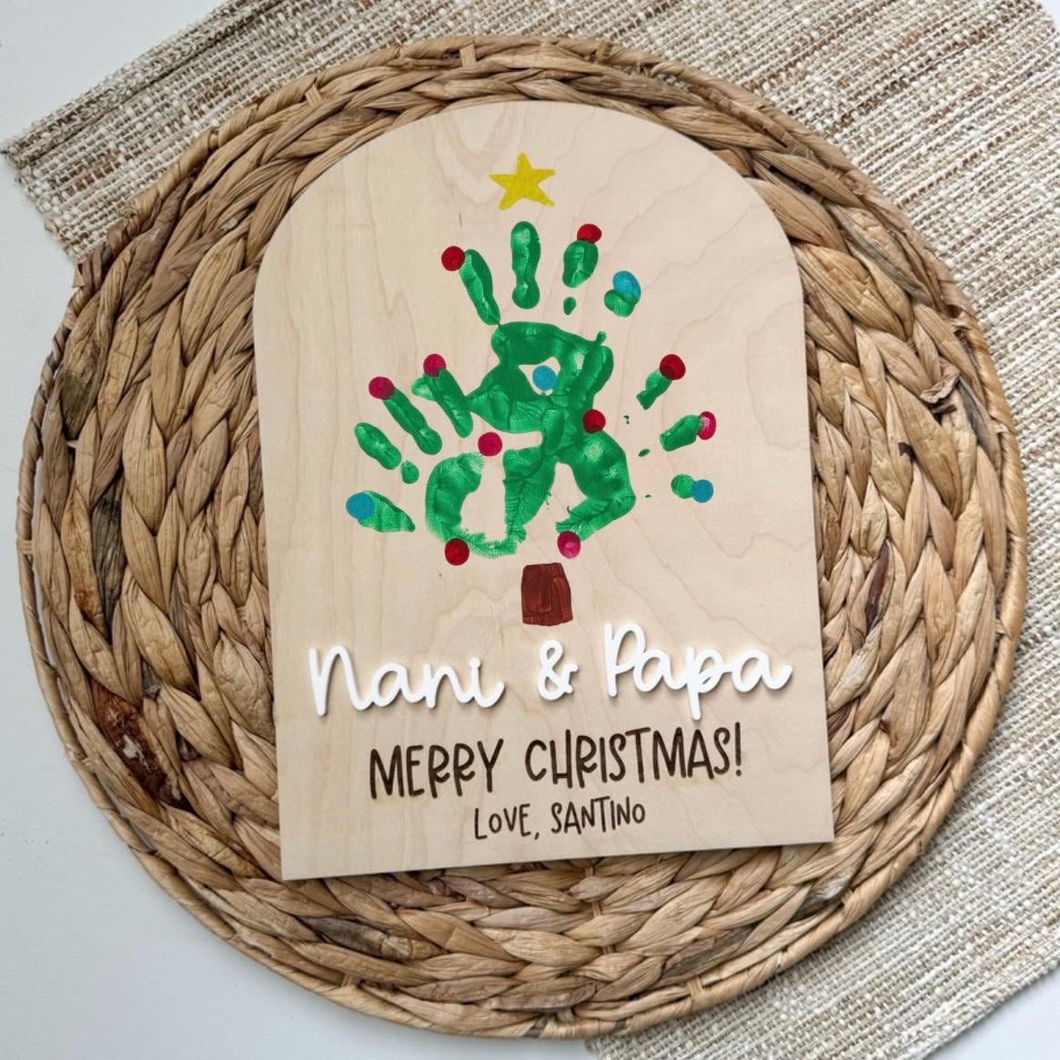 Handprint Christmas tree sign for Nana and Papa with engraved Merry Christmas