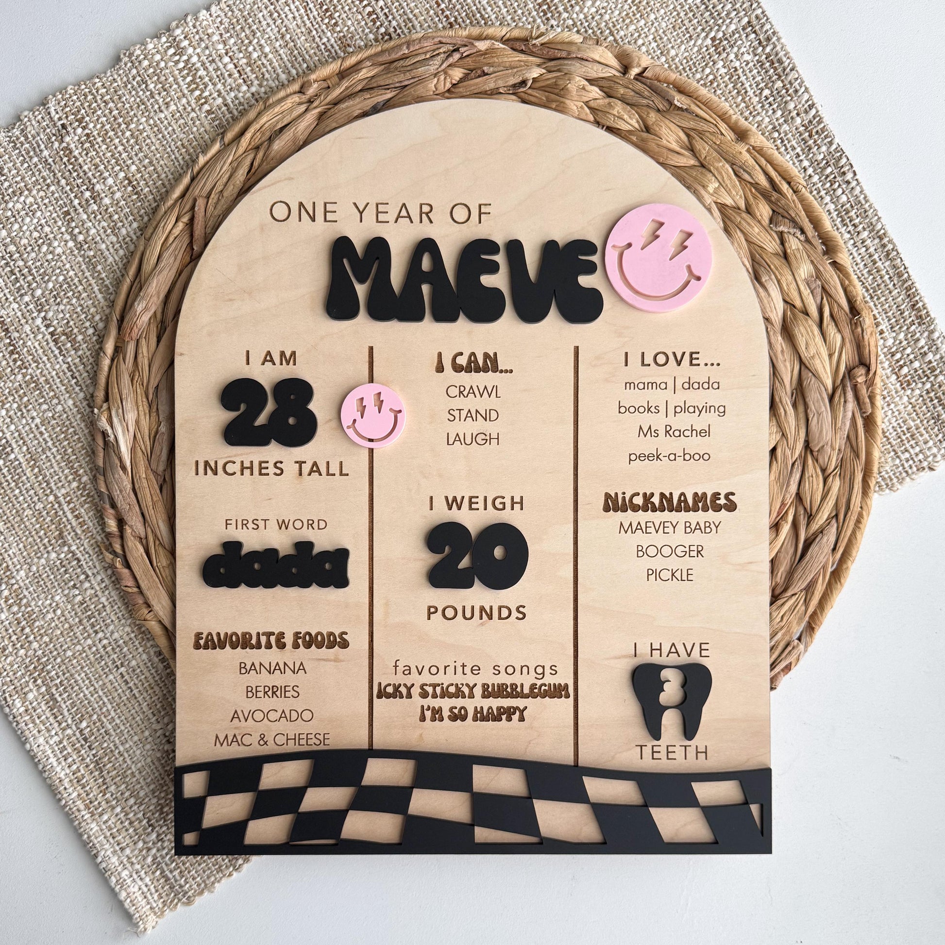 One Happy Dude checkerboard milestone stat board for 1st birthday, personalized baby stats sign