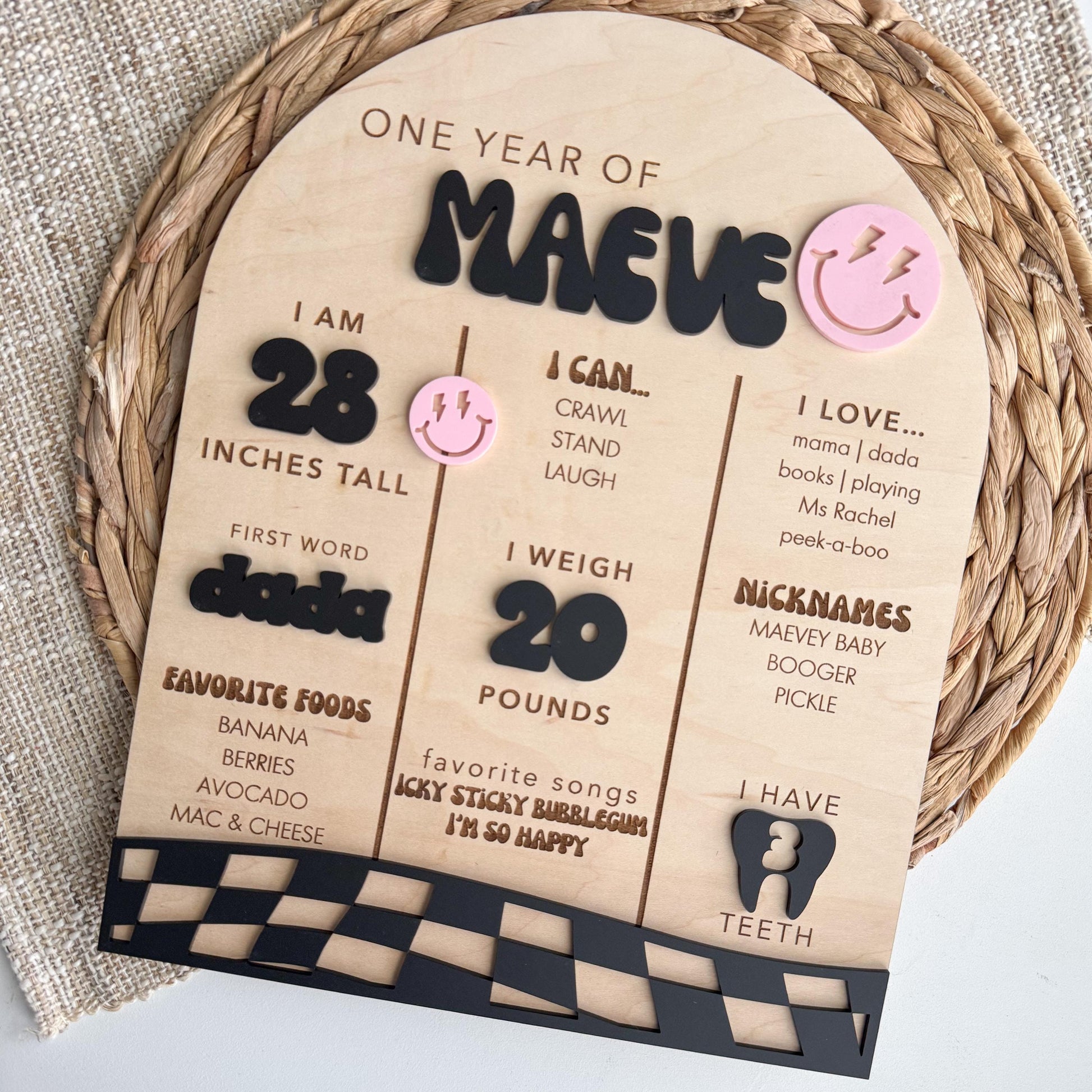 Checkerboard first birthday milestone stat board showing personalized baby stats