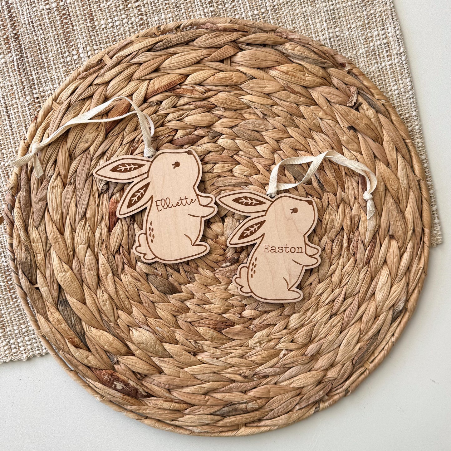 Personalized boho bunny Easter basket tag in maple wood with custom child's name