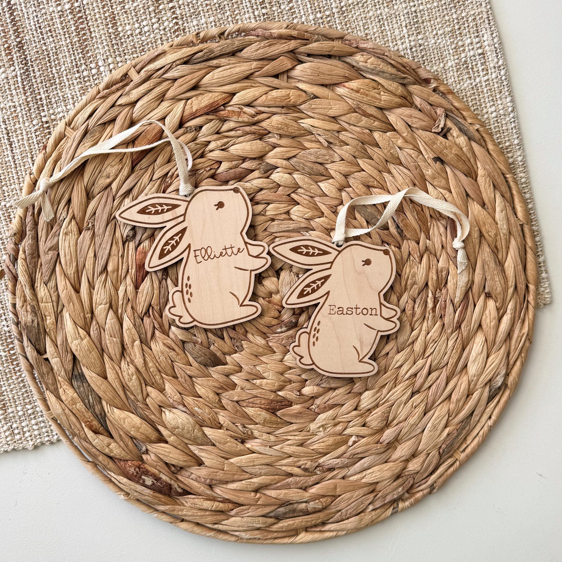 Personalized boho bunny Easter basket tag in maple wood with custom child's name