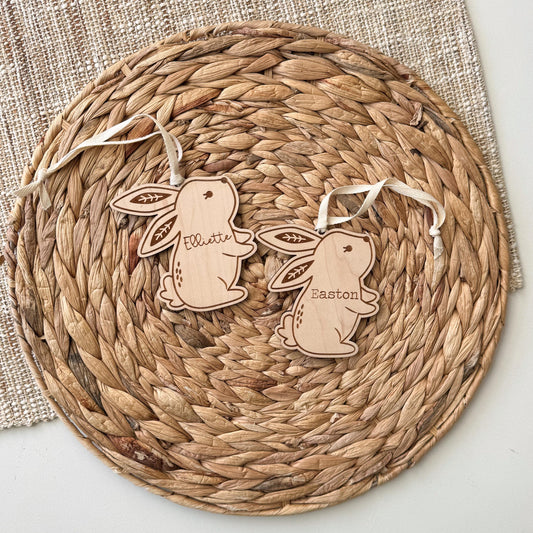 Personalized boho bunny Easter basket tag in maple wood with custom child's name