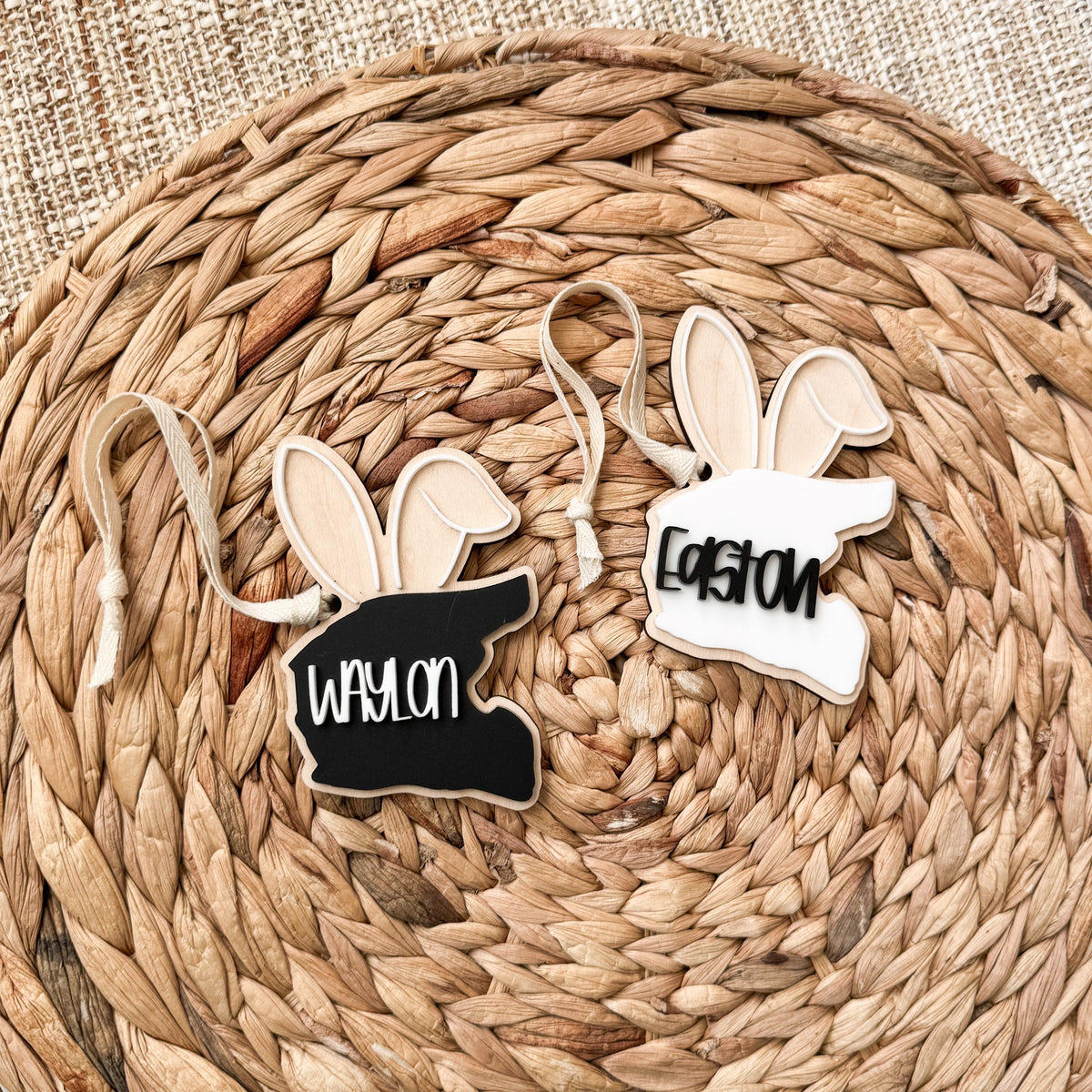 Personalized dirt bike helmet Easter basket tag with white bunny ears