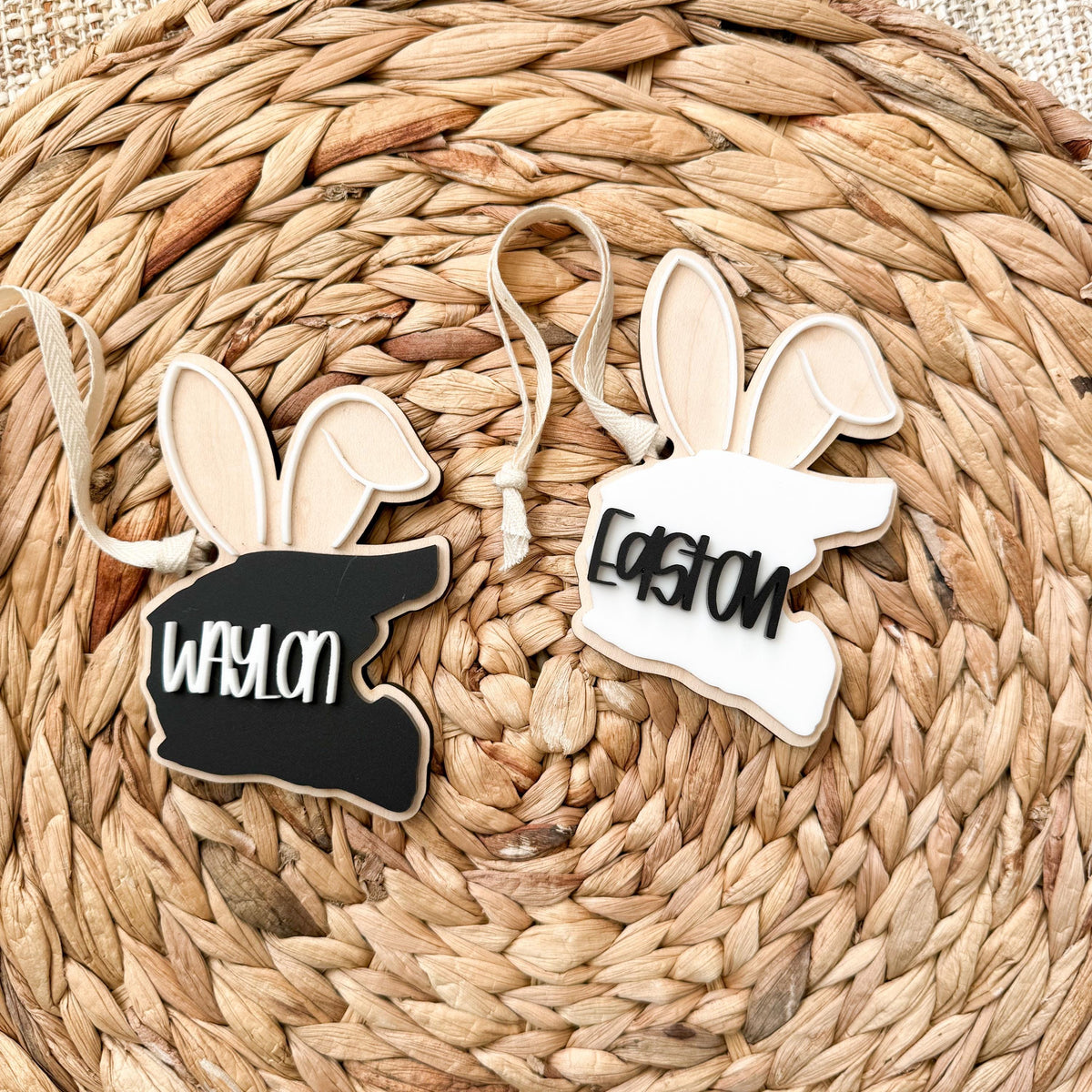 Maple wood and acrylic bunny helmet Easter tag with a custom name