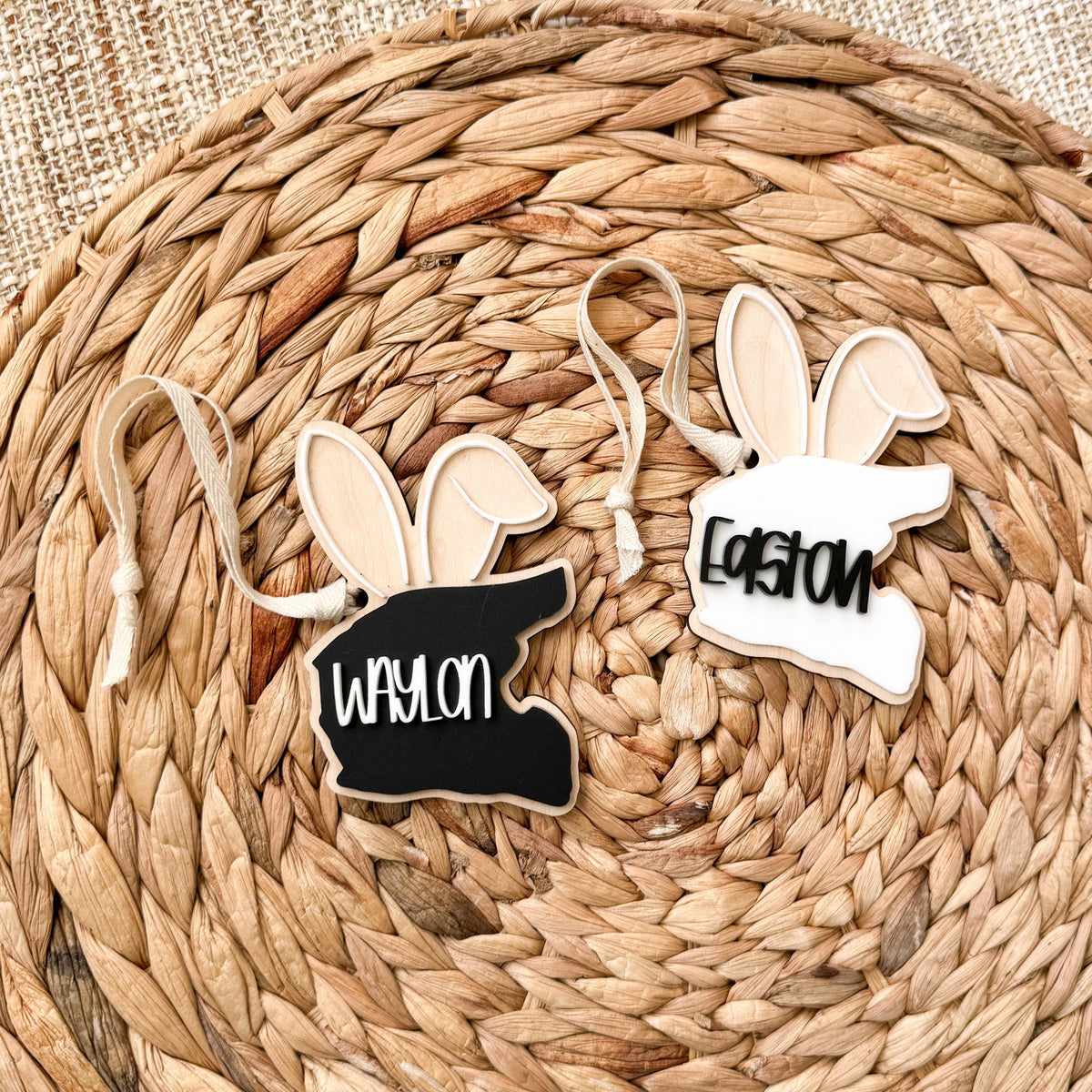 Close-up of the moto bunny helmet Easter basket name tag
