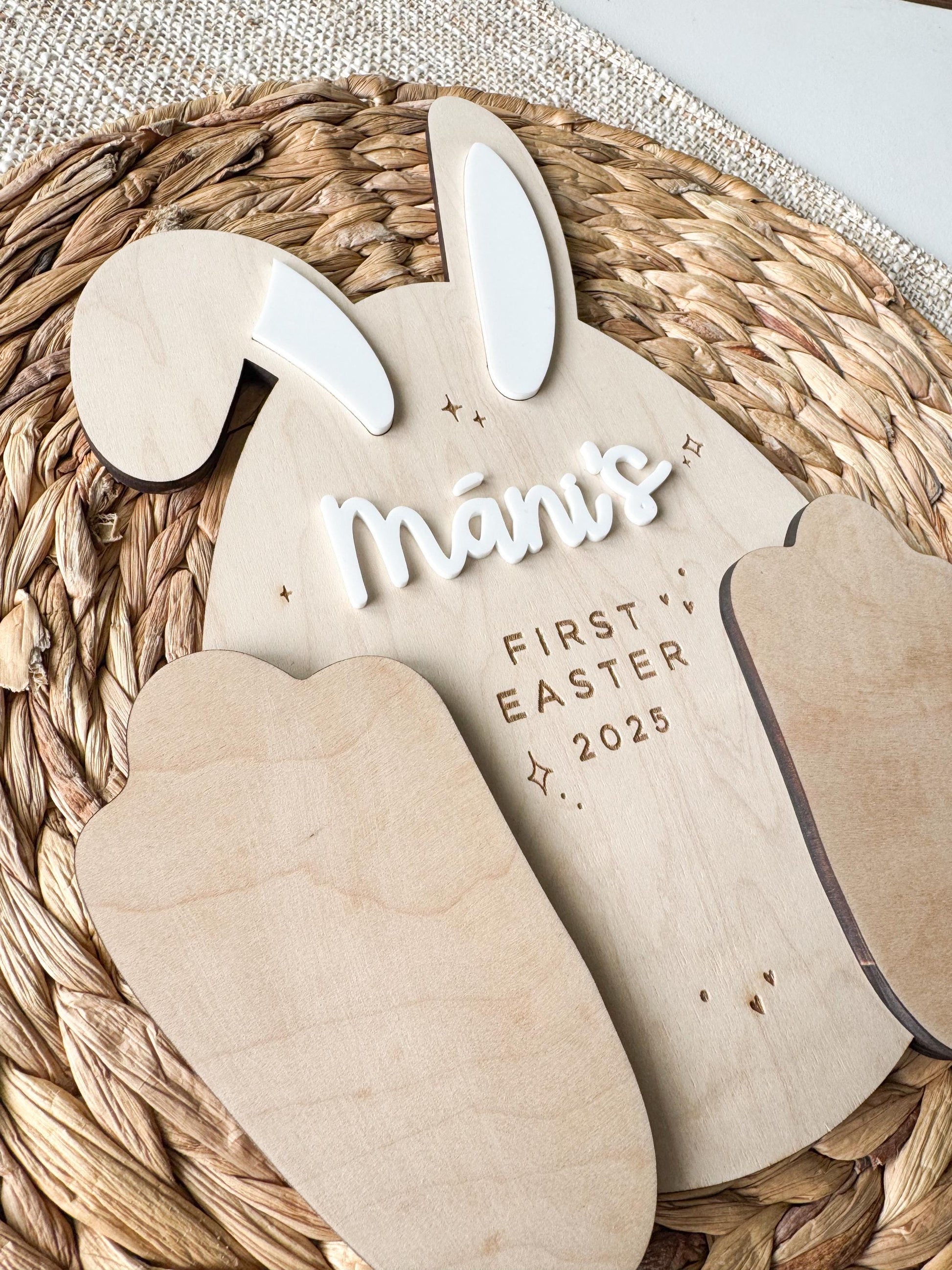 Personalized Easter footprint sign showing bunny design and name on maple wood