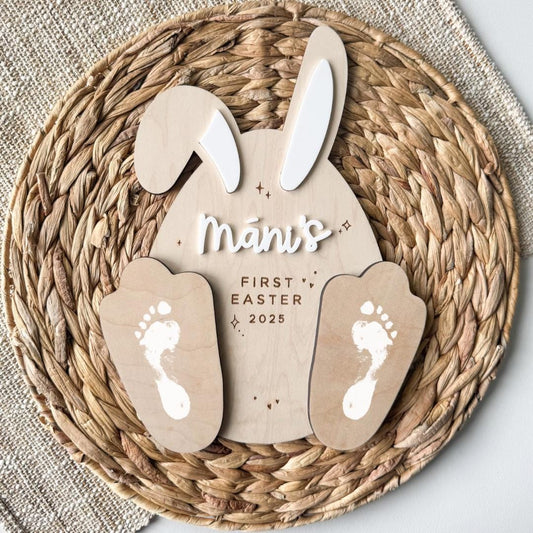 Personalized Easter bunny footprint sign in maple wood with child's name, spring keepsake