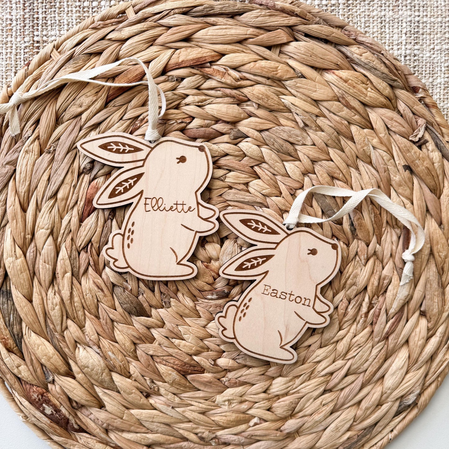 Personalized boho bunny Easter basket tag showing natural wood grain and name