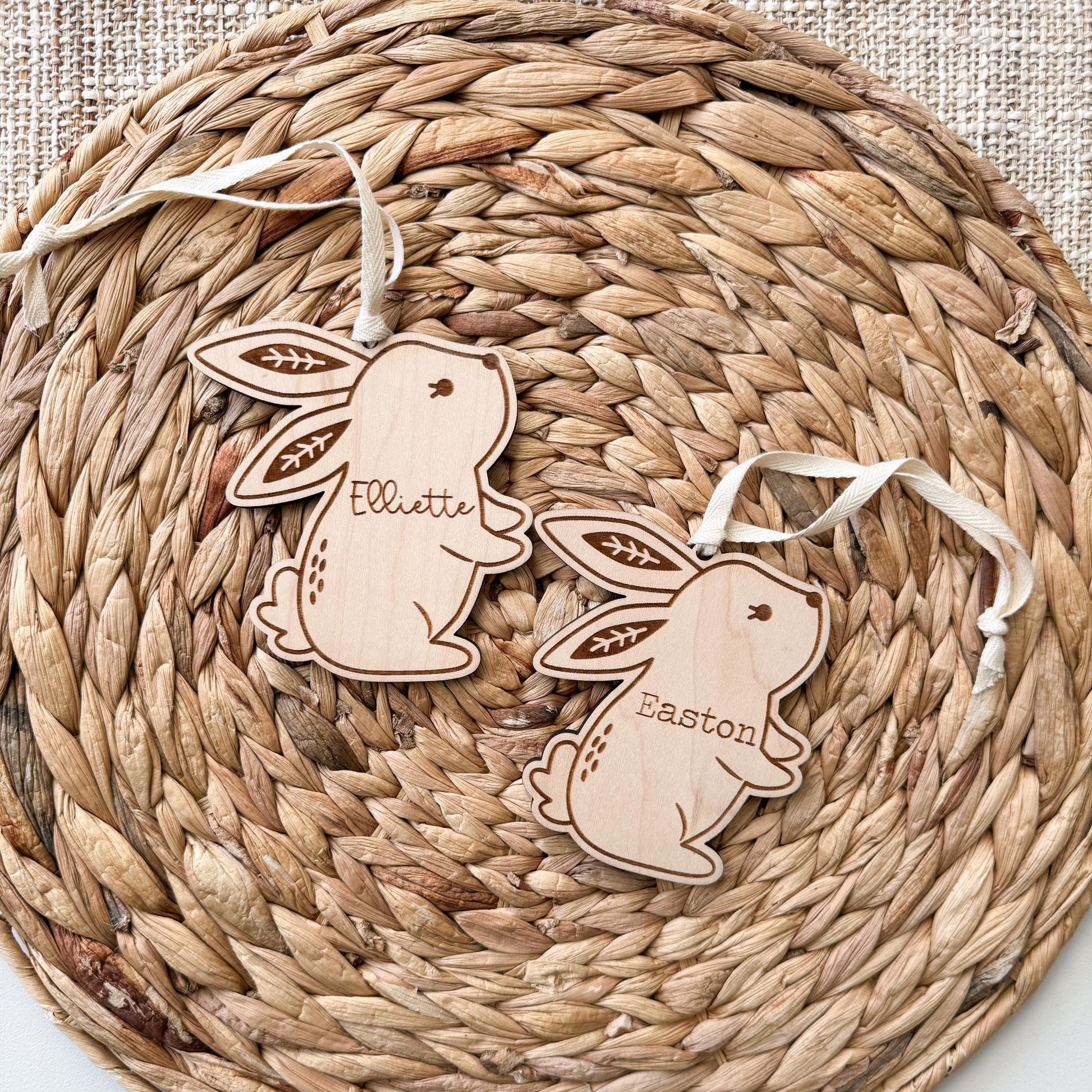 Personalized boho bunny Easter basket tag showing natural wood grain and name