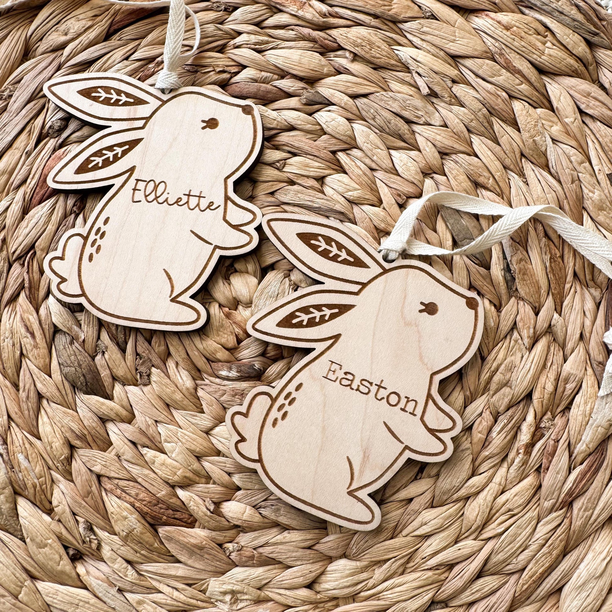 Boho style Easter bunny basket name tag in natural maple wood with engraved name