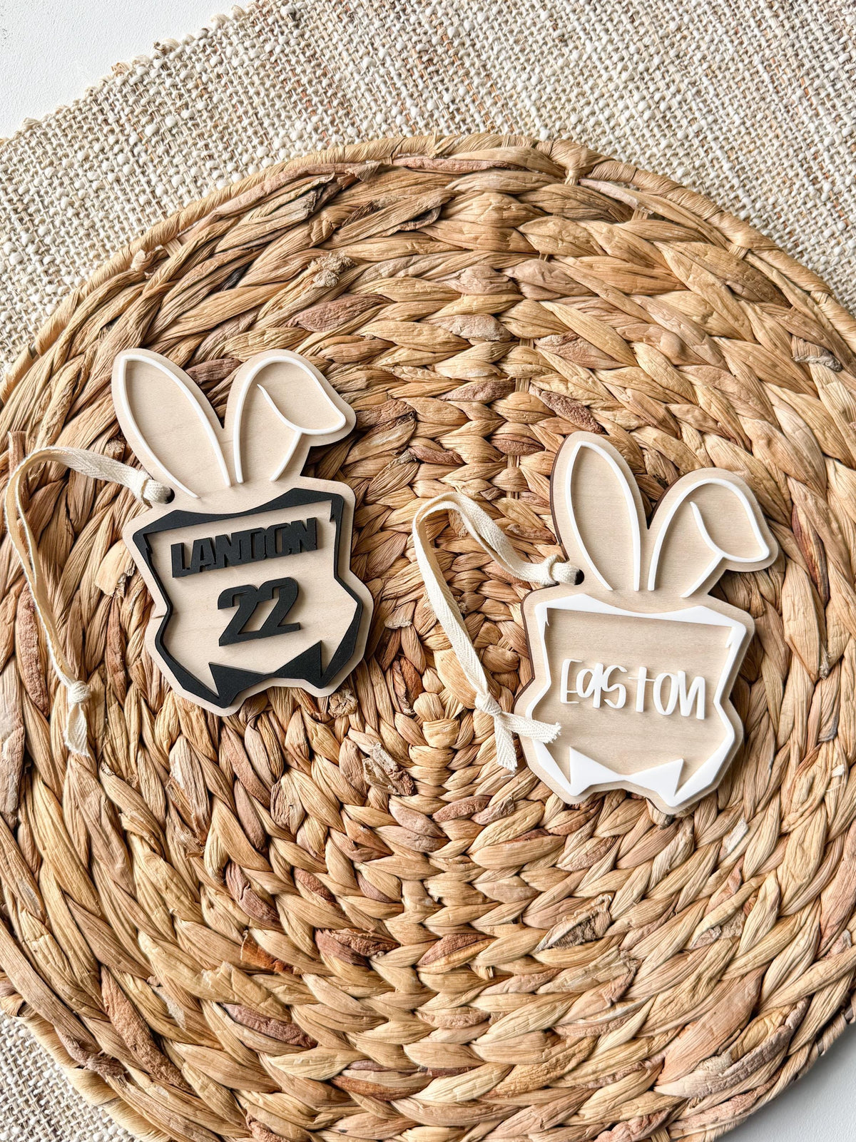 Maple wood and acrylic number plate Easter tag with a name and race number