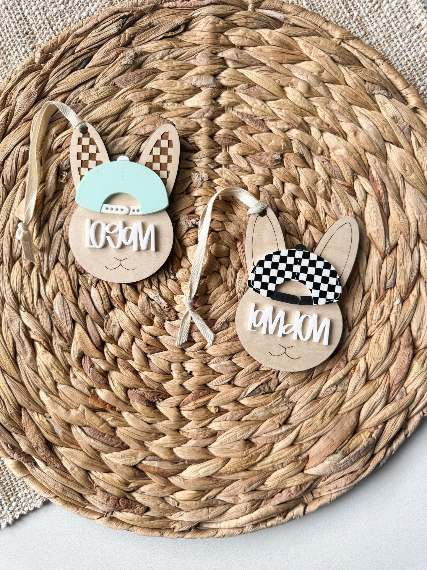 Personalized dirt bike motocross Easter bunny basket tag with checker design