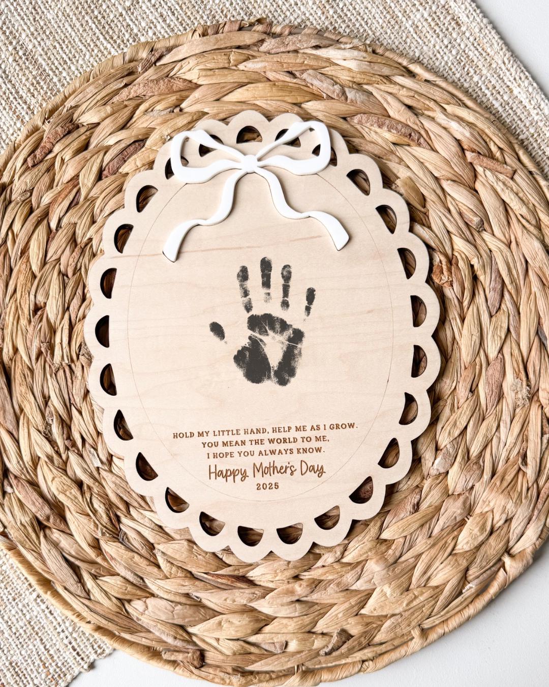 Personalized Grandma handprint plaque in maple wood, keepsake Mother's Day gift from kids