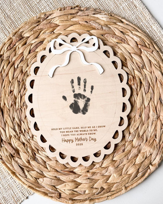 Personalized Grandma handprint plaque in maple wood, keepsake Mother's Day gift from kids
