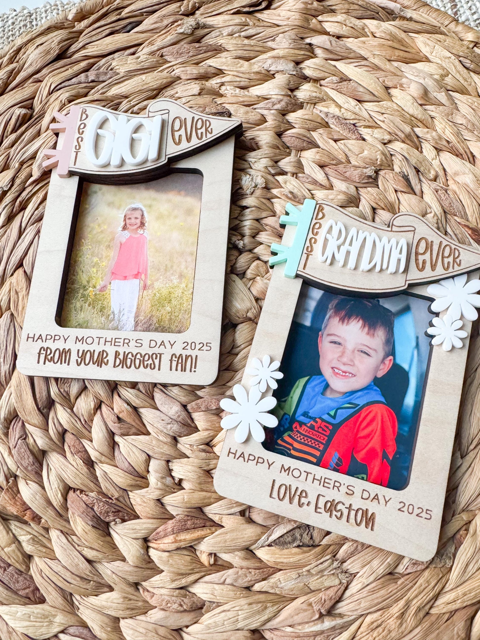 Personalized Best Ever photo frame magnet showing maple wood construction and custom name