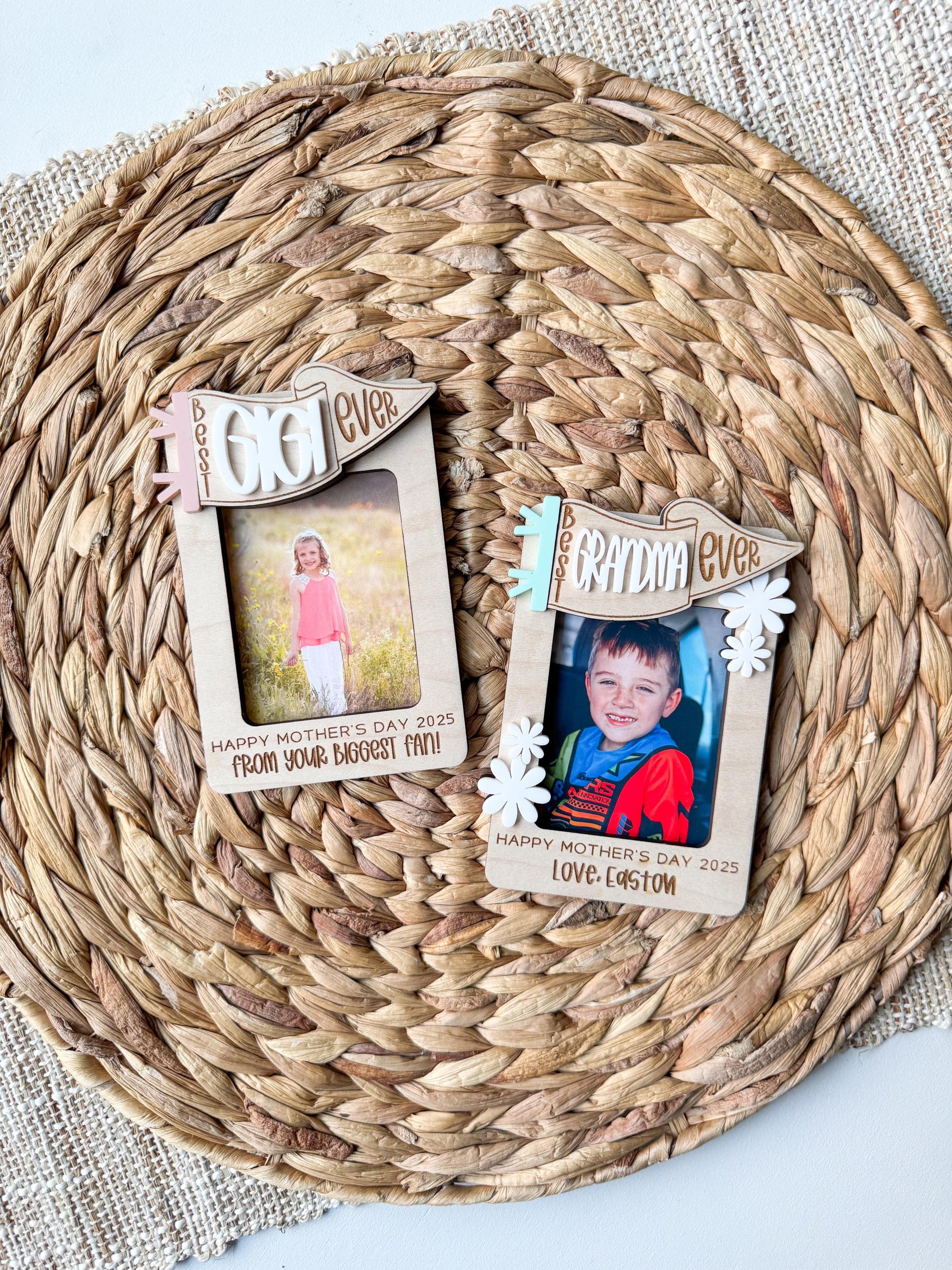 Close-up of personalized Best Ever Grandma photo frame magnet with custom name