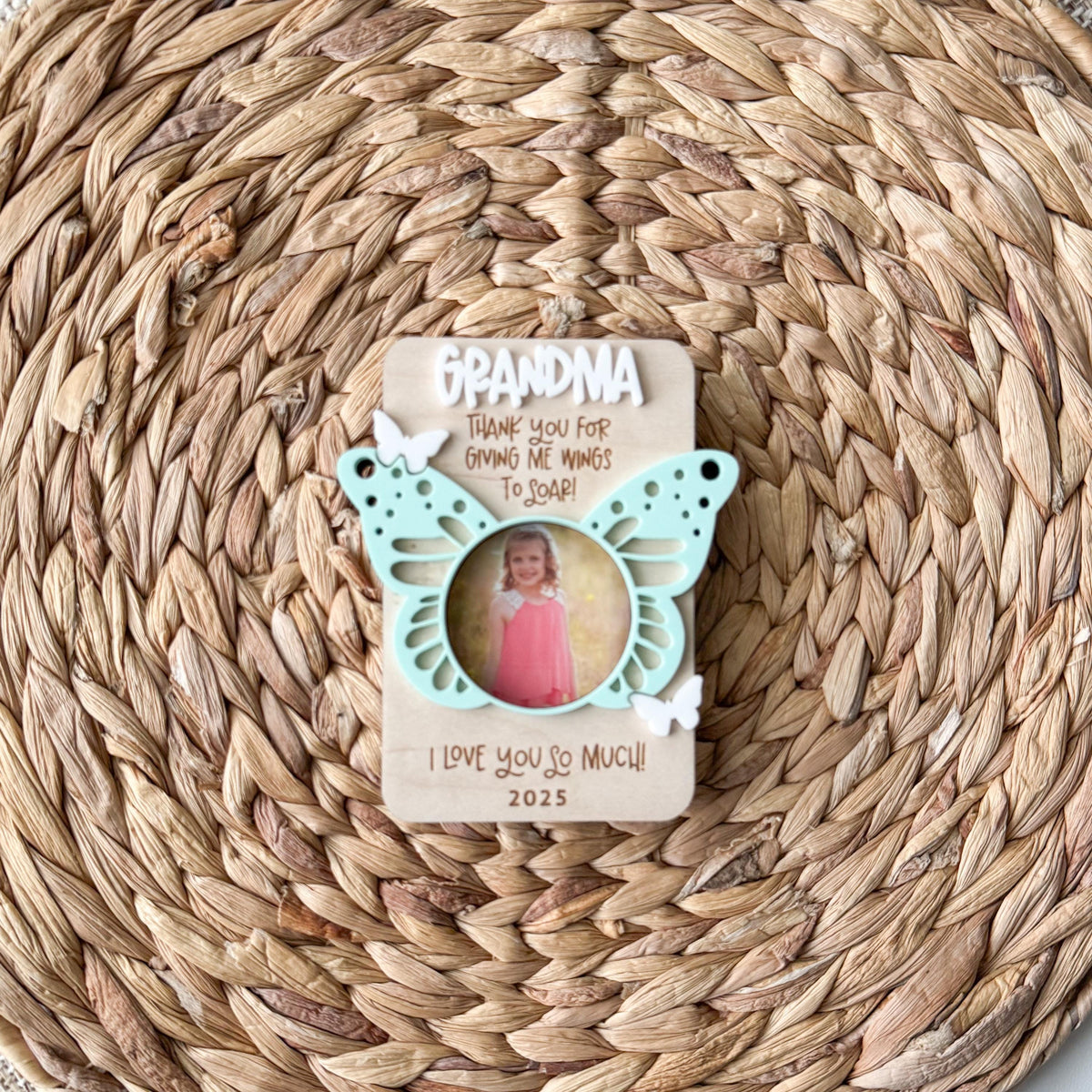 Wooden butterfly photo frame magnet with an acrylic butterfly, a Mother's Day gift