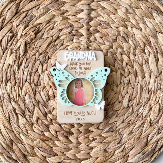 Wooden butterfly photo frame magnet with an acrylic butterfly, a Mother's Day gift