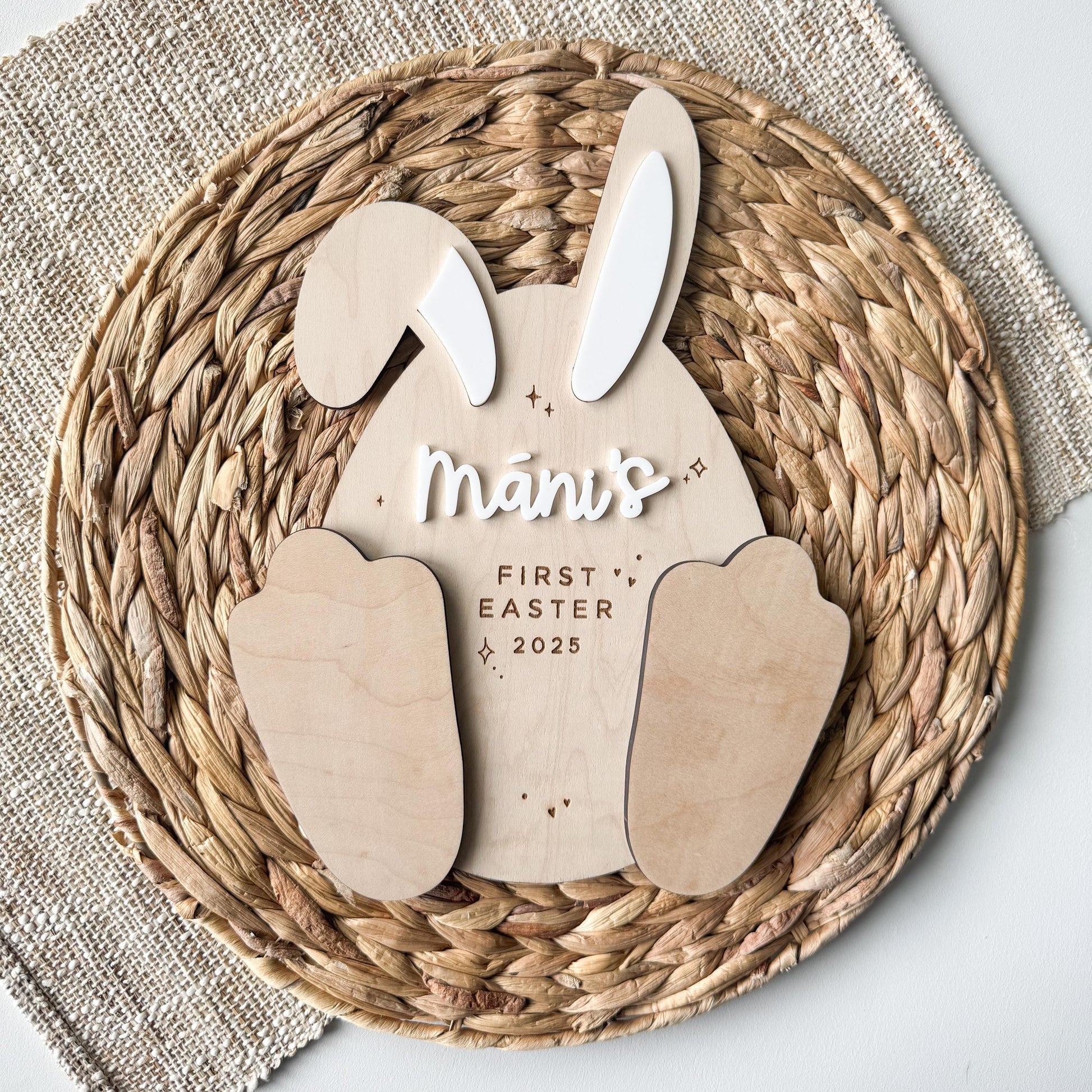 Easter bunny footprint keepsake on maple wood personalized with child's name