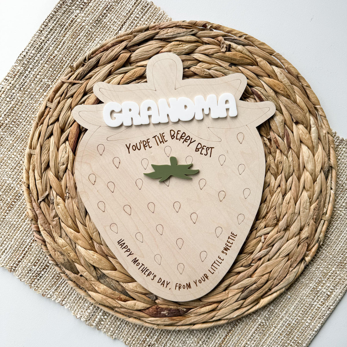 Wood strawberry keepsake sign with a custom message for Grandma