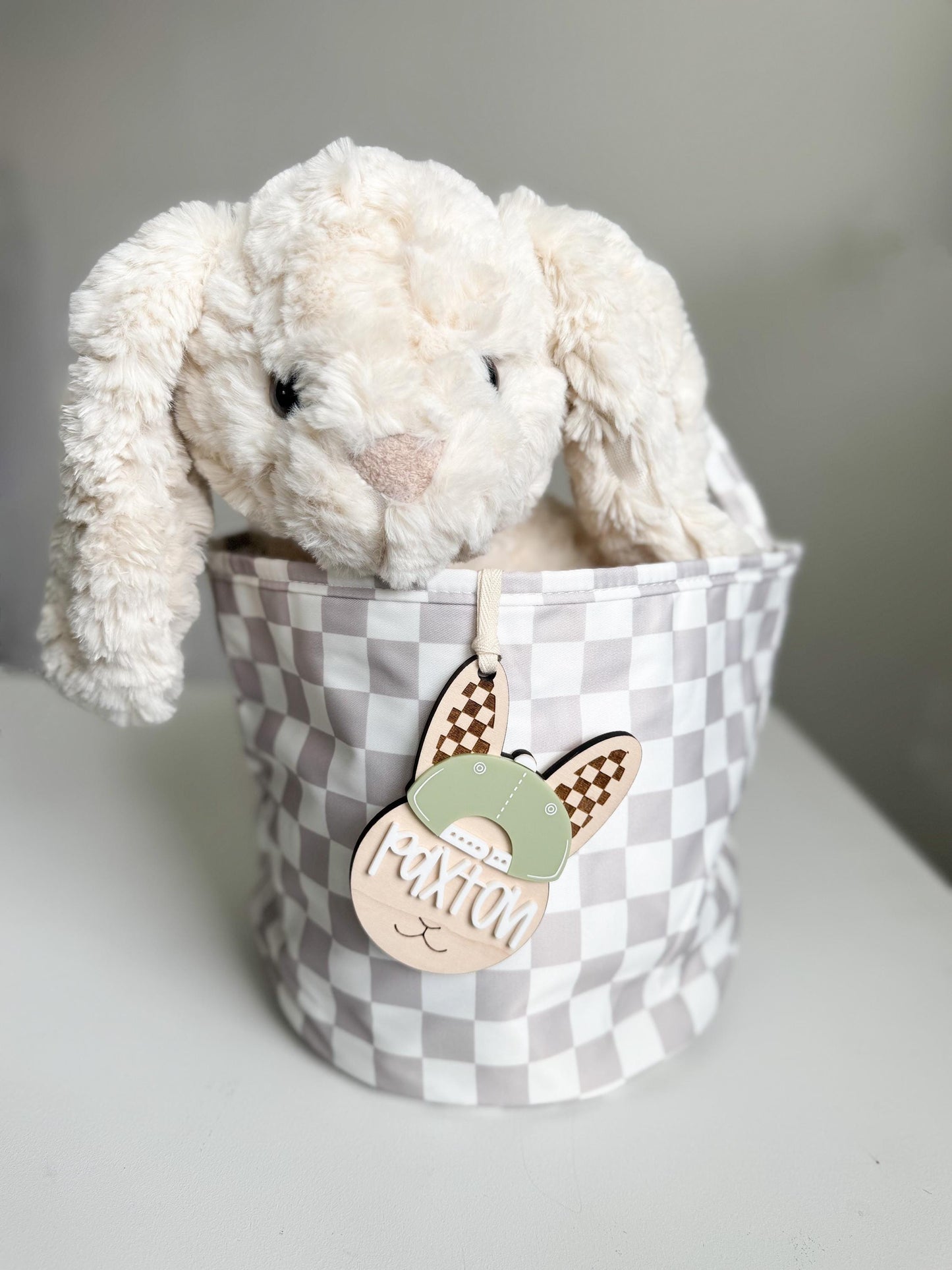 Motocross checker pattern bunny Easter basket name tag engraved with child's name