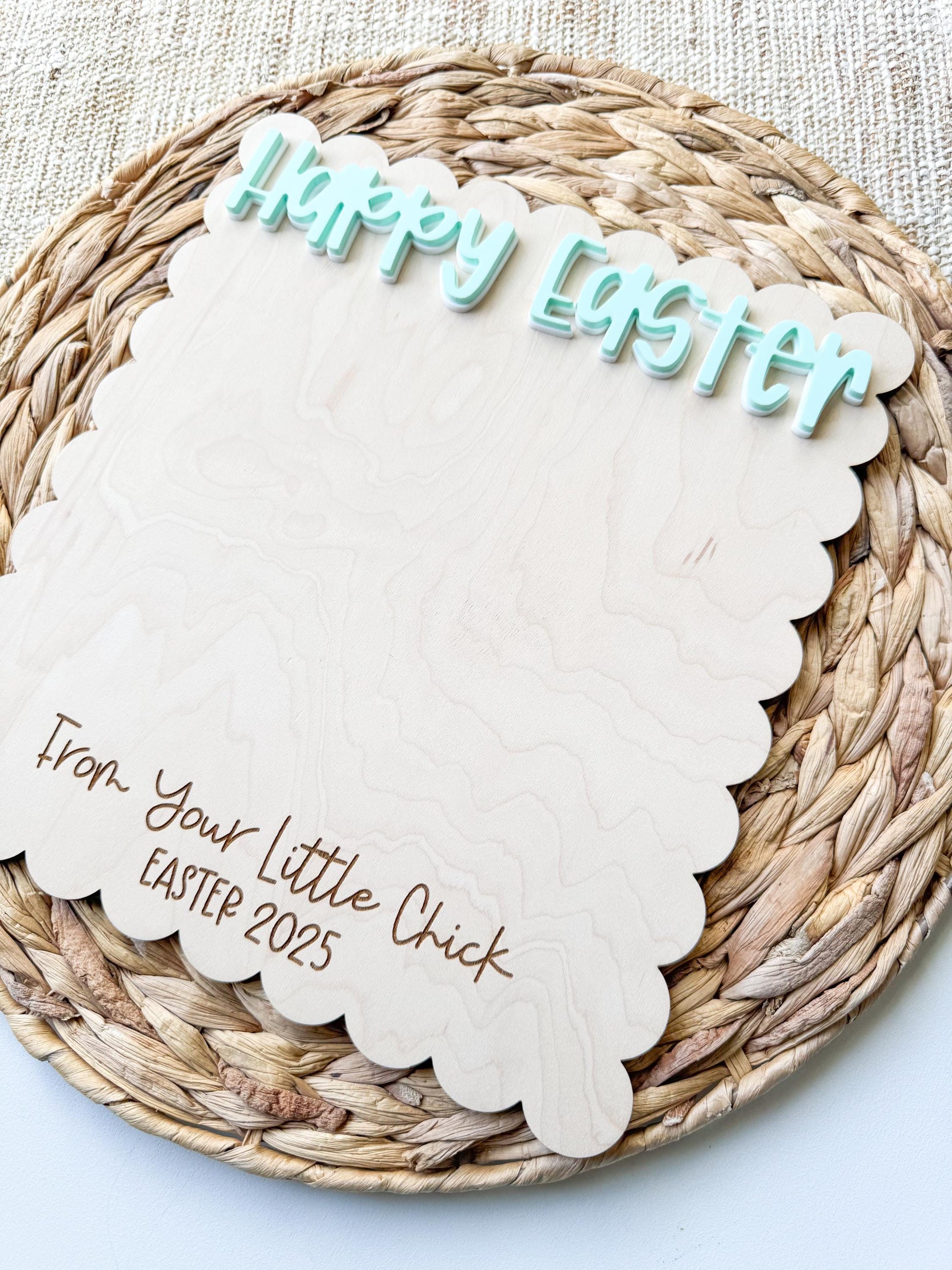 Baby's First Easter chick handprint keepsake on maple wood with child's name