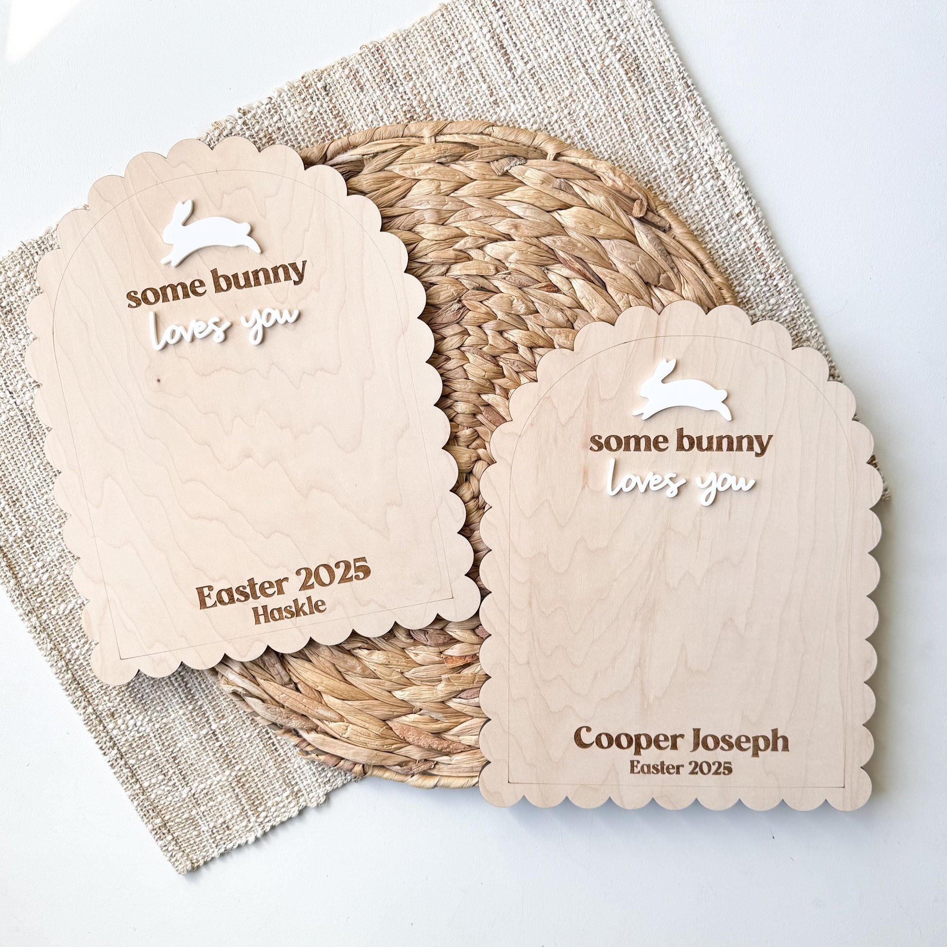 Some Bunny Loves You personalized Easter handprint sign in maple wood with child's name