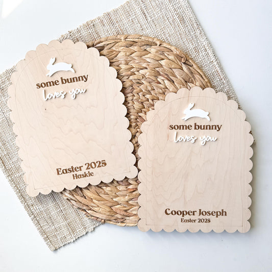 Some Bunny Loves You personalized Easter handprint sign in maple wood with child's name