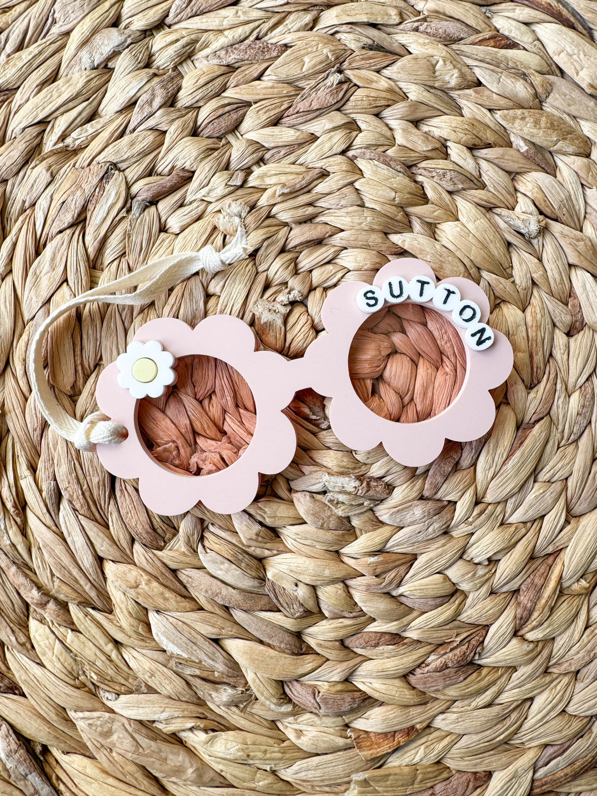 Acrylic Easter basket tag in custom colors with twine for attaching