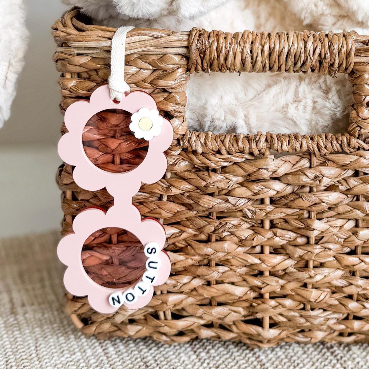 Personalized acrylic Easter basket tag shaped like flower sunglasses