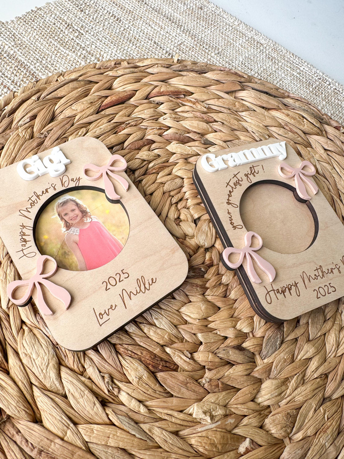 Maple wood bow photo magnet holding a wallet-size picture, a gift from kids