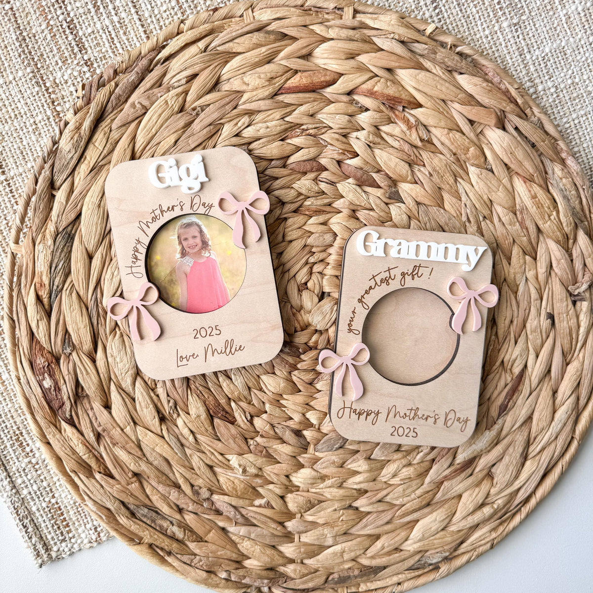 Personalized wooden photo frame magnet with an acrylic bow and custom name for Mom or Grandma